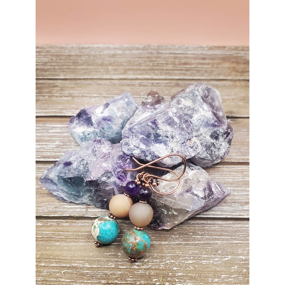 Aqua Imperial Jasper, Druzy Agate, Amethyst And Copper Drop Earrings